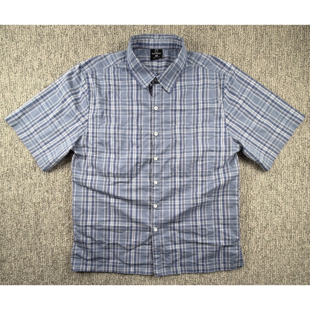 SCOTTeVEST Shirt Mens M Blue Plaid Short Sleeve Travel Hidden Pockets Utility